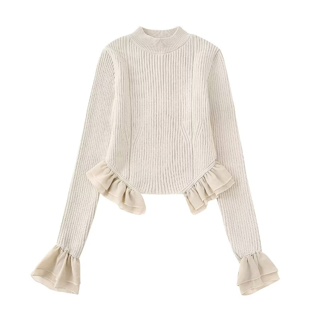 Spring Beige Round Neck Classic Ruffled Elegant Sweater Women