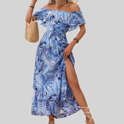 Printed Sexy Off The Shoulder Low Cut Split Niche Slim French Side Slit Dress