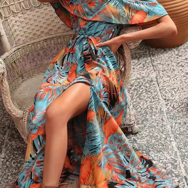 Printed Sexy Off The Shoulder Low Cut Split Niche Slim French Side Slit Dress