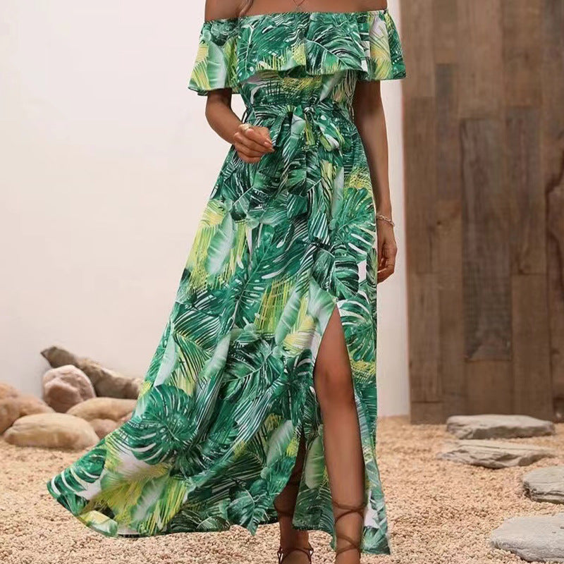 Printed Sexy Off The Shoulder Low Cut Split Niche Slim French Side Slit Dress