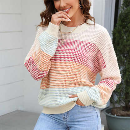 Autumn Casual Sweater Loose Crew Neck Color Knitwear Top Color Block