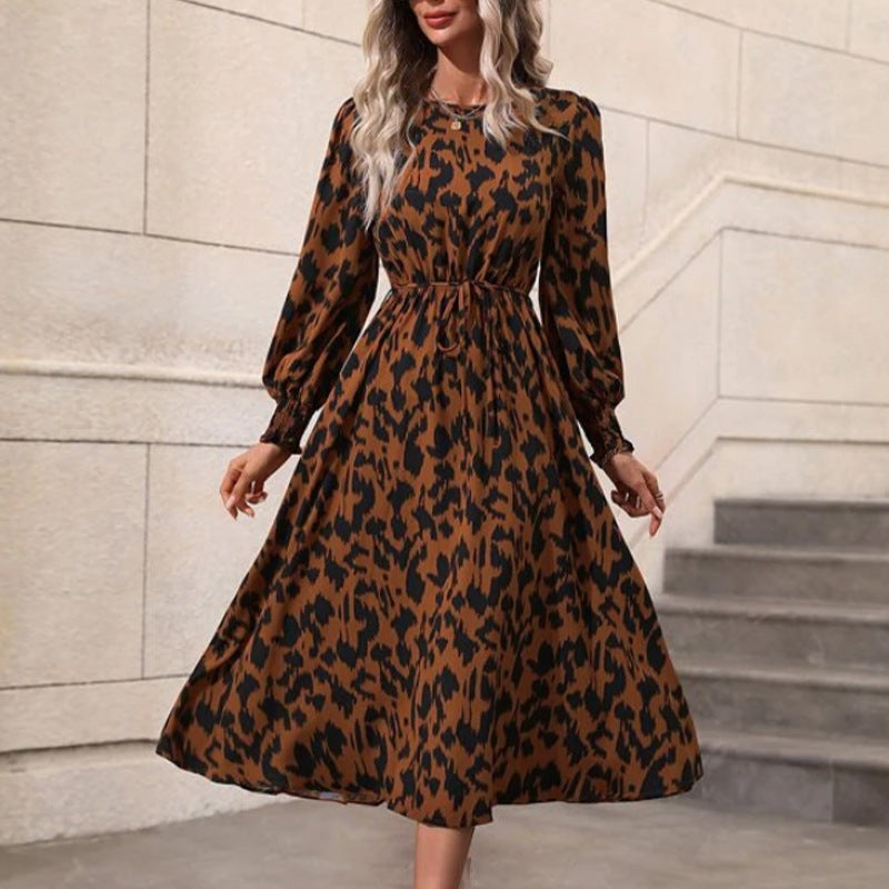 Printed Dress Printed round Neck Long Sleeve Lace up Dress