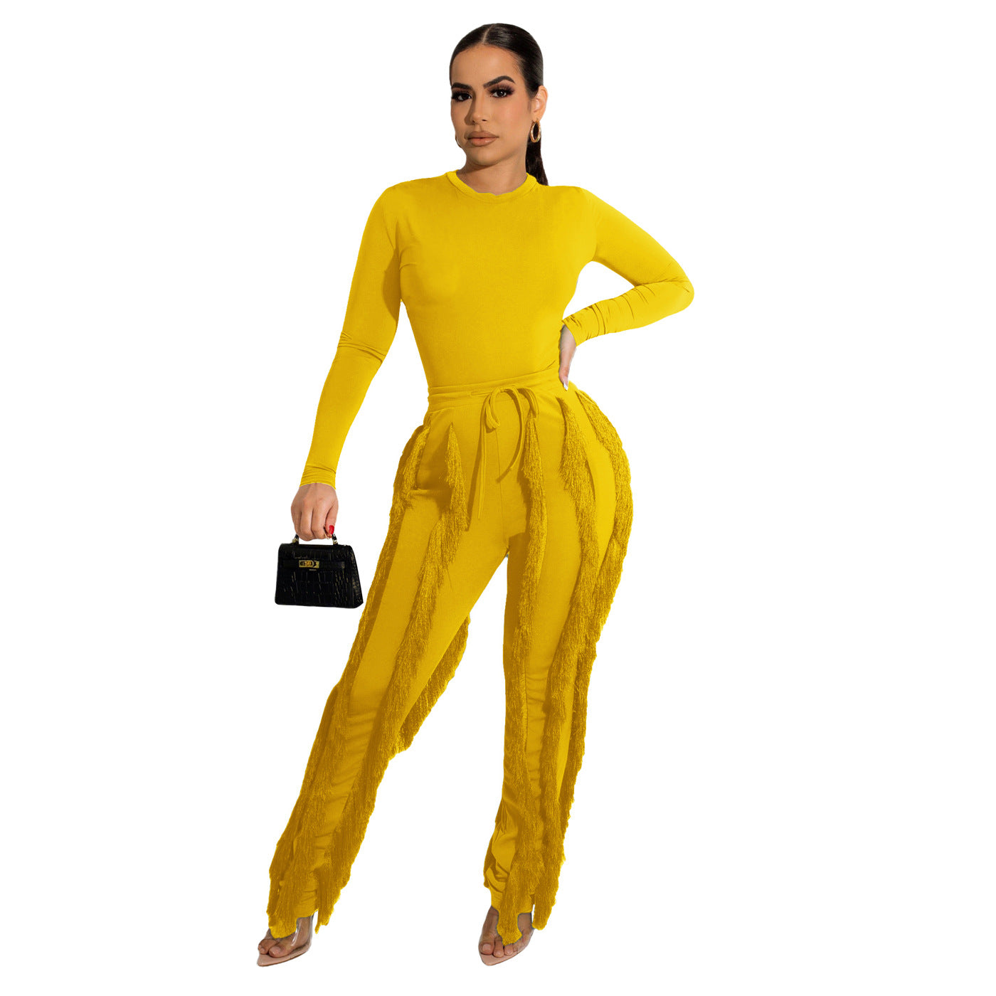 Women Clothing Suit Tassel Lace Jumpsuit Two Piece Set Solid Color Sports Autumn Winter