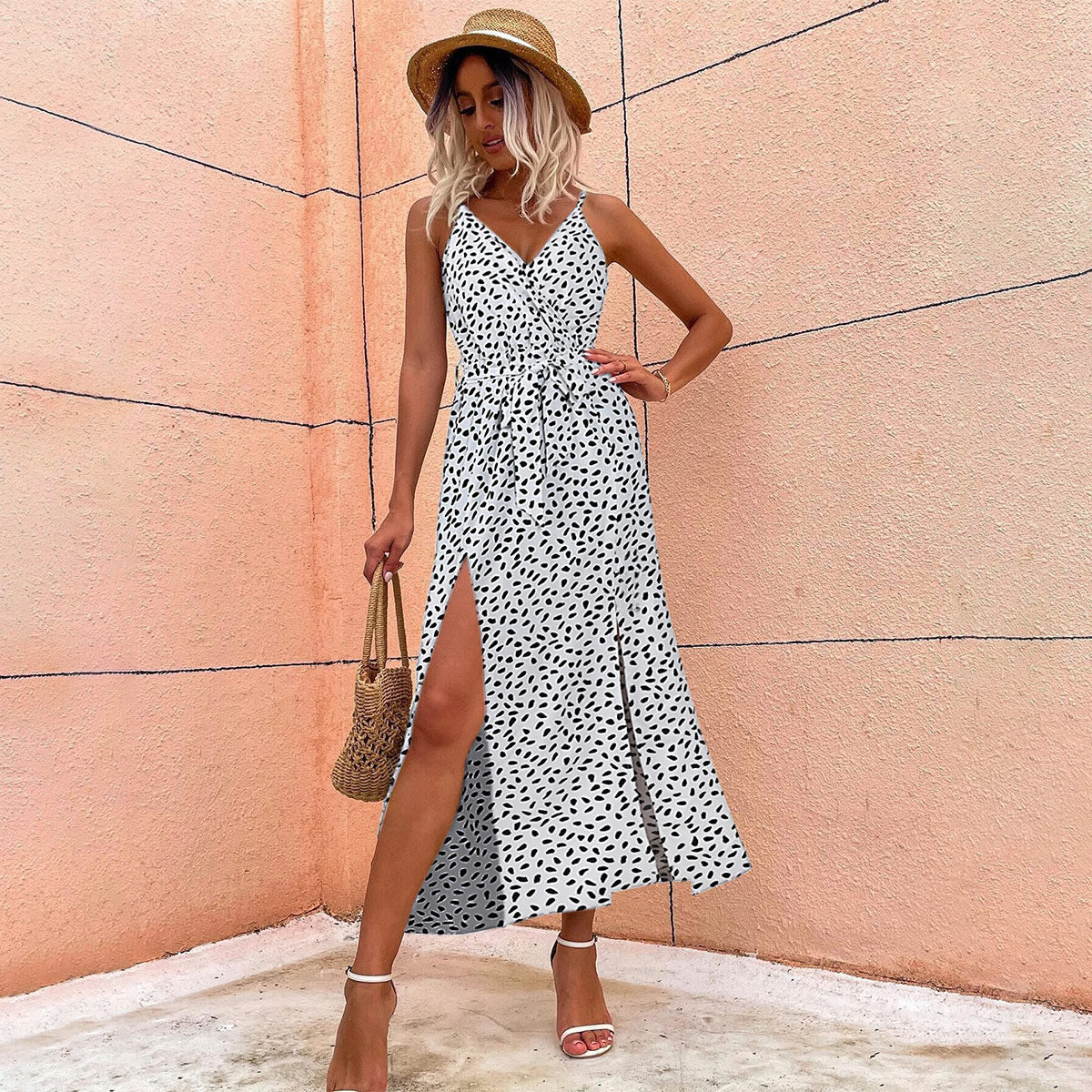 Dress Women Summer Polka Dot Split Strap Dress