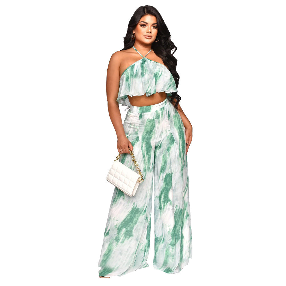 Backless Sexy Halter Tube Top Loose Printed Trousers Two Piece Set