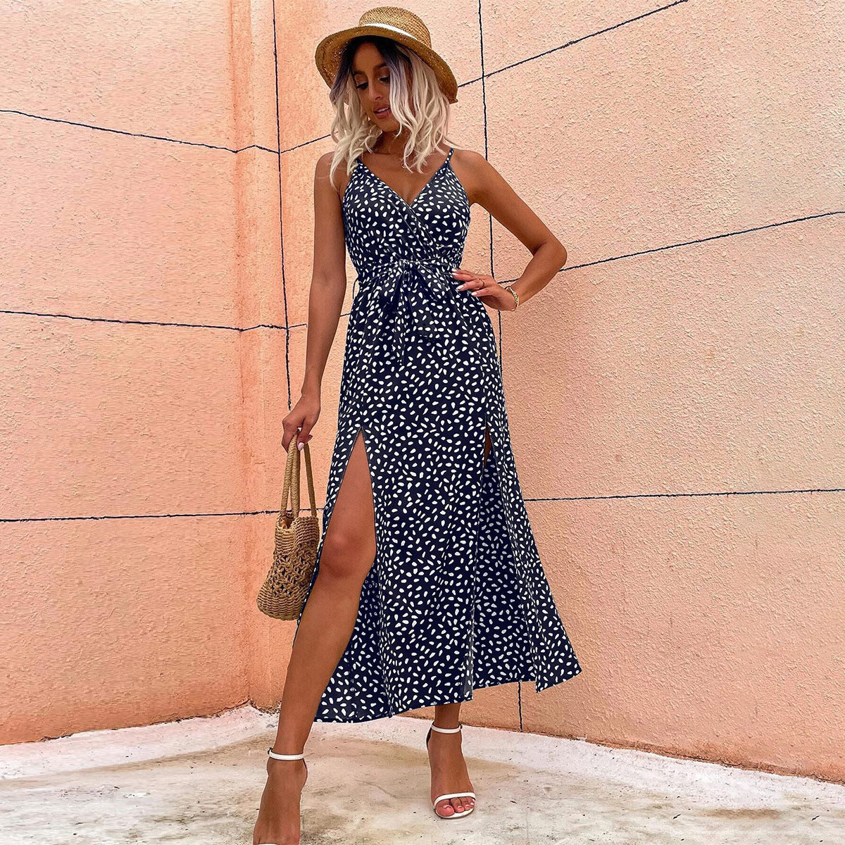 Dress Women Summer Polka Dot Split Strap Dress