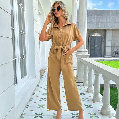 Women Clothing Summer Loose Casual Polo Collar Lace-up Pocket Jumpsuit