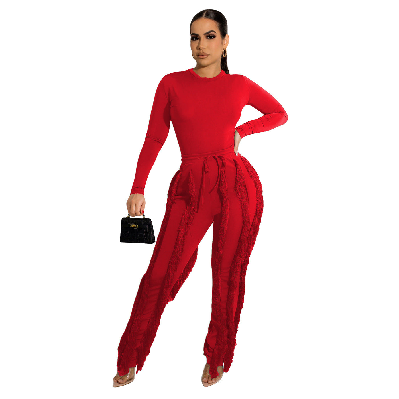 Women Clothing Suit Tassel Lace Jumpsuit Two Piece Set Solid Color Sports Autumn Winter