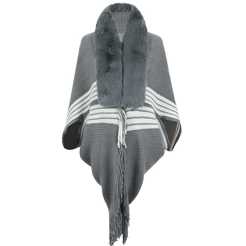 Tassel Cape Shawl Women Autumn Winter Knitted Striped Fur Collar Scarf