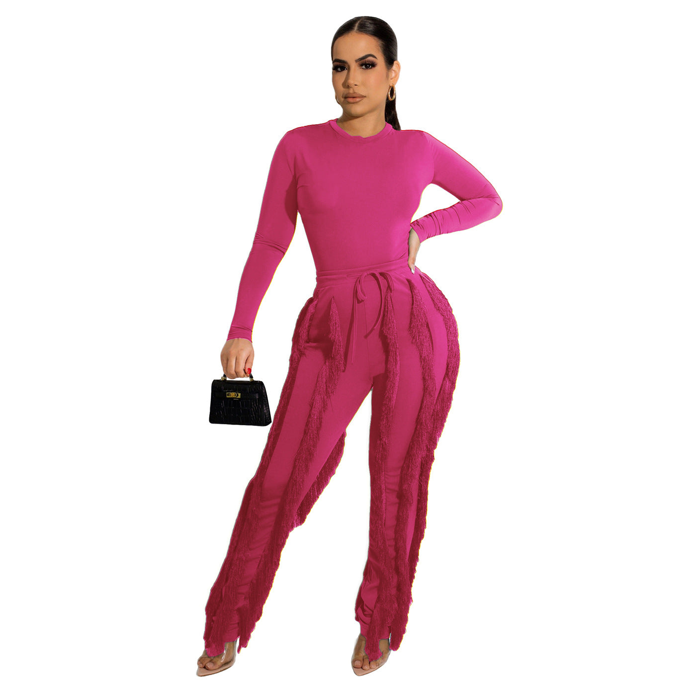 Women Clothing Suit Tassel Lace Jumpsuit Two Piece Set Solid Color Sports Autumn Winter