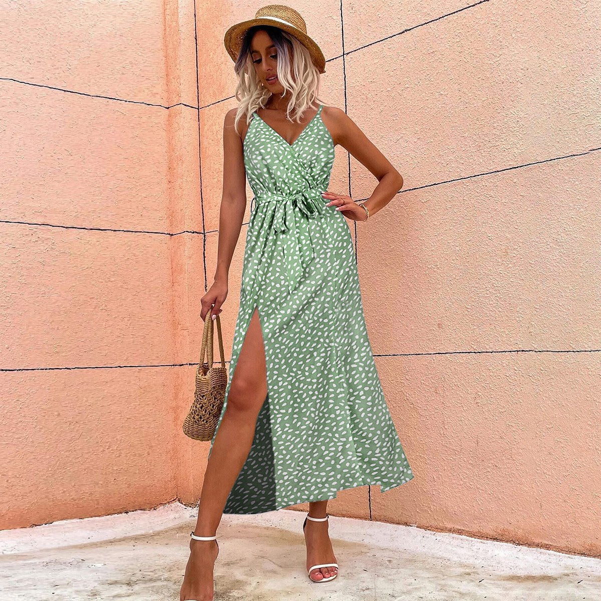 Dress Women Summer Polka Dot Split Strap Dress