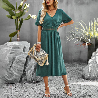 Dress Summer Casual Solid Color V Neck Maxi Dress