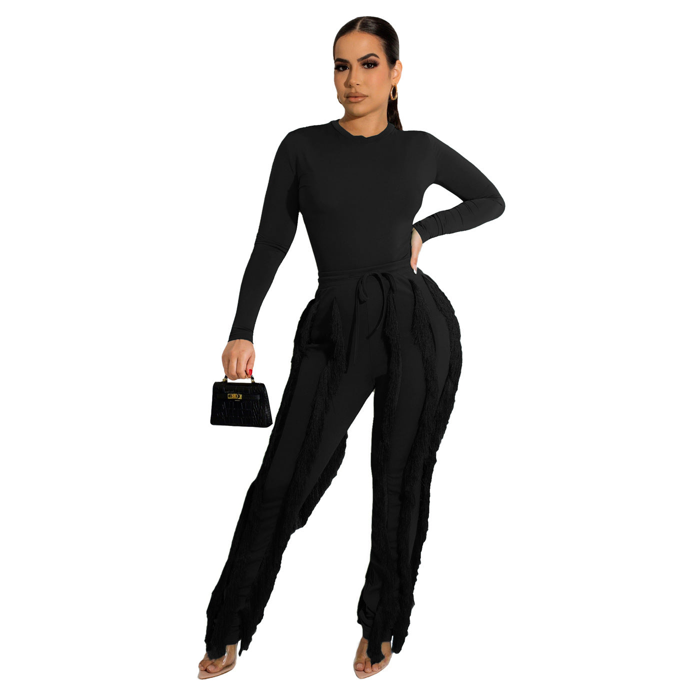 Women Clothing Suit Tassel Lace Jumpsuit Two Piece Set Solid Color Sports Autumn Winter