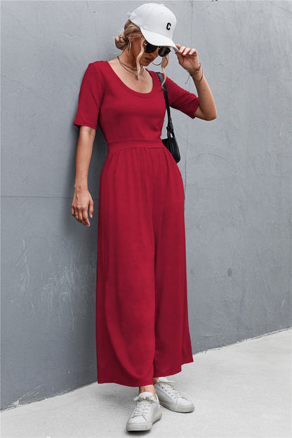 Spring Summer Short Sleeve U Collar Loose Wide Leg Jumpsuit