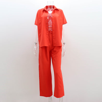 Wide Leg Pants Suit Spring Summer Loose Sleeve Shirt Top Casual Trousers Two Piece Women Clothing