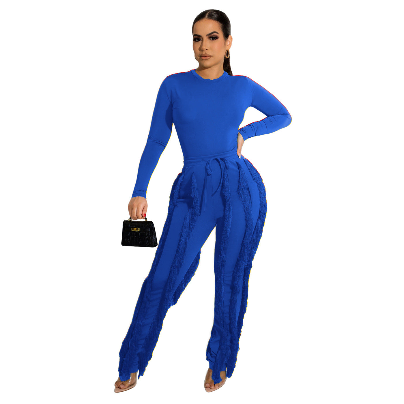 Women Clothing Suit Tassel Lace Jumpsuit Two Piece Set Solid Color Sports Autumn Winter