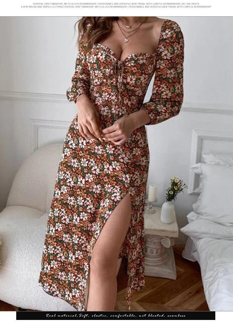 Square Collar Floral Lightly Mature Sexy Long Sleeve Waist Slimming Dress