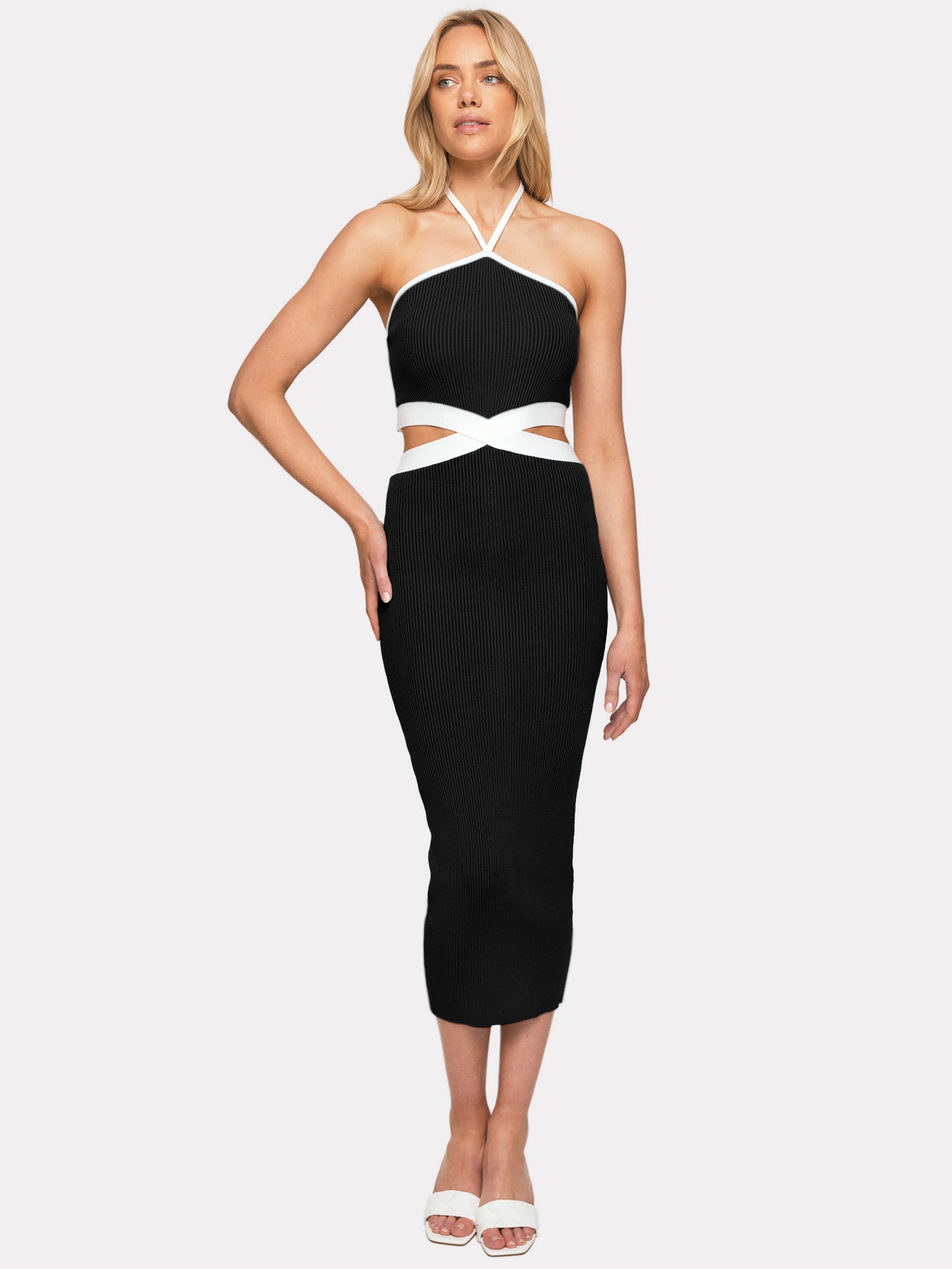 Rope Halter Backless Hollow Out Cutout Sexy Women  Tight Rib Dress