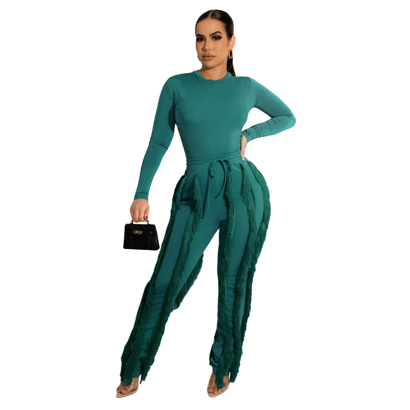 Women Clothing Suit Tassel Lace Jumpsuit Two Piece Set Solid Color Sports Autumn Winter