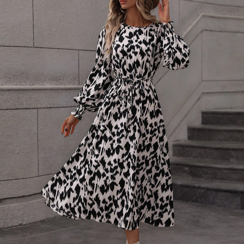 Printed Dress Printed round Neck Long Sleeve Lace up Dress