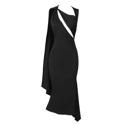 Black Backless Sleeveless Cutout Shawl Ribbon Dress Women Clothing Hip