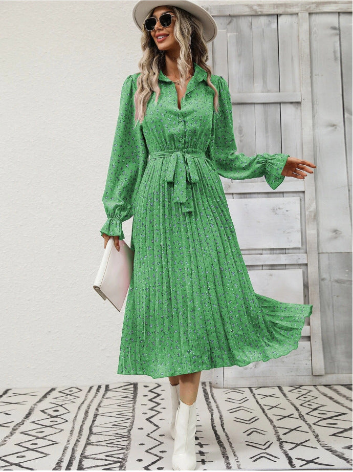 Women Long Sleeve Mid Length Pleated Dress