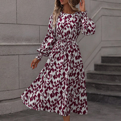 Printed Dress Printed round Neck Long Sleeve Lace up Dress