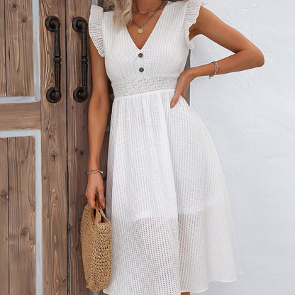 Self Developed Summer Casual Wooden Ear Waist Slimming Maxi Dress Holiday Dress Short Sleeve Lace Dress