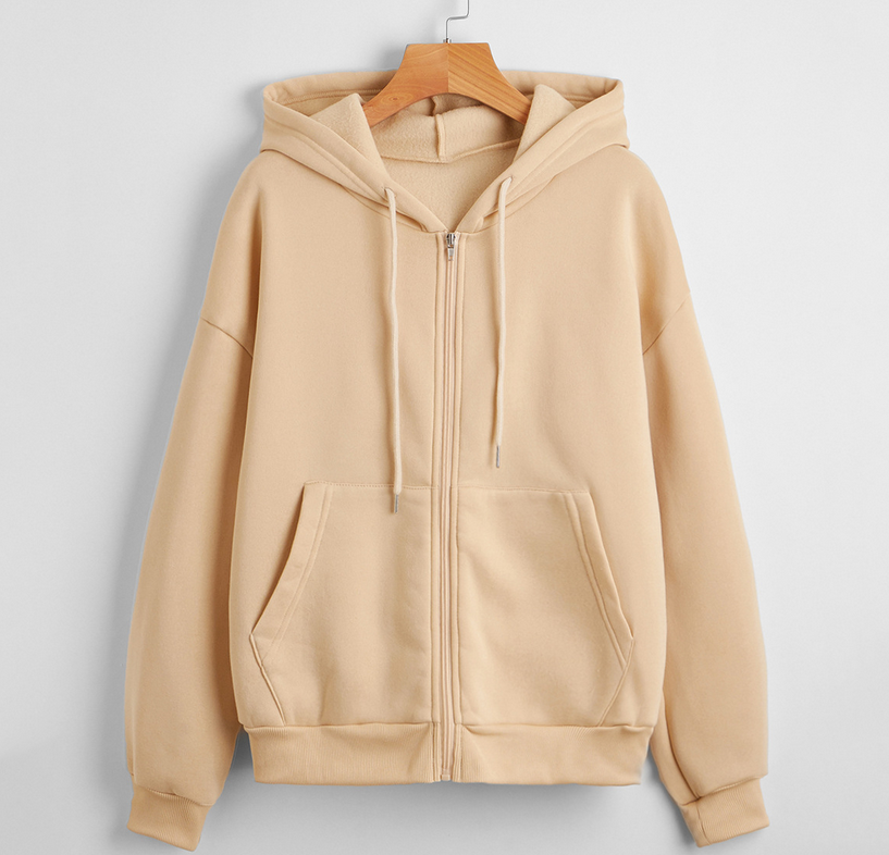 Solid Color Long Sleeved Zipper Urban Casual Comfortable Loose Women Hoodies