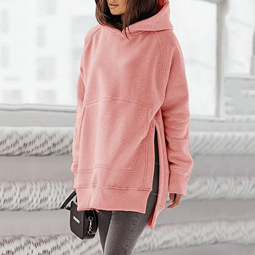 Women Clothing Long Sleeve Round Neck Fleece Lined  Solid Color Pocket Loose Fitting Hoodie Long Sleeve