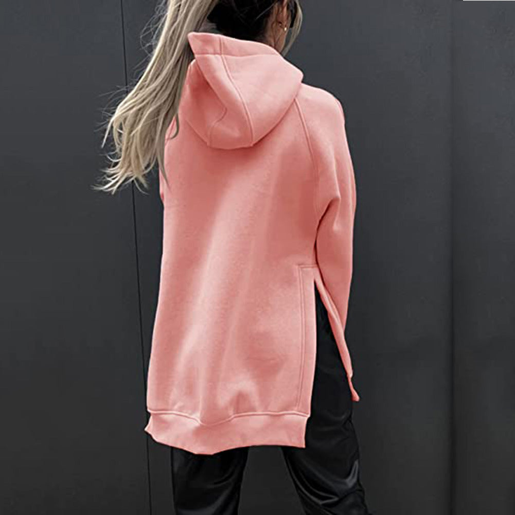 Women Clothing Long Sleeve Round Neck Fleece Lined  Solid Color Pocket Loose Fitting Hoodie Long Sleeve