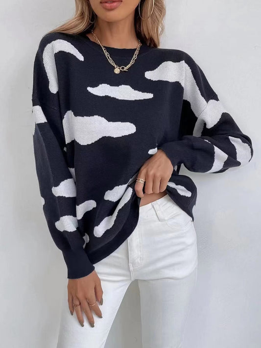 Loose Fitting Comfortable Sweater Women Autumn Clothing Cute Cloud Printed Literary Sweet Slimming Long Sleeved Sweater Top