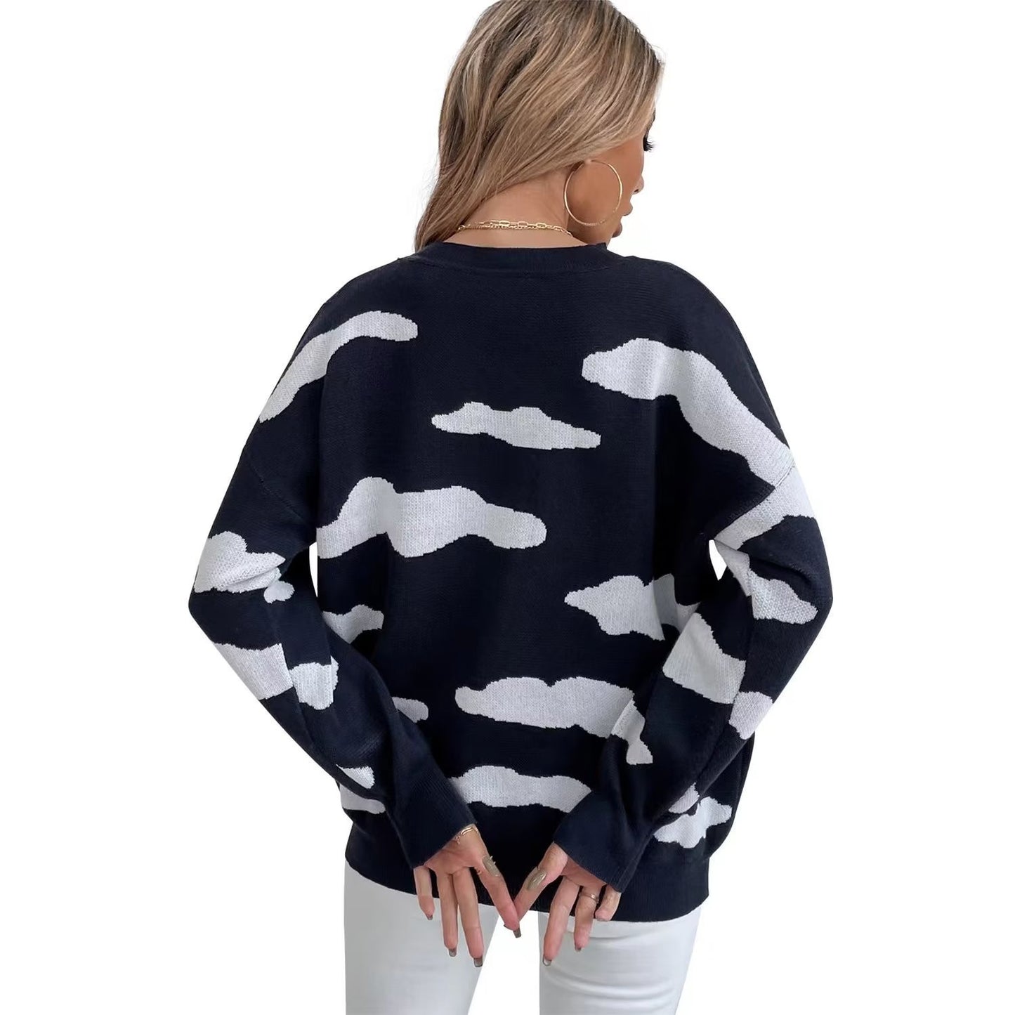 Loose Fitting Comfortable Sweater Women Autumn Clothing Cute Cloud Printed Literary Sweet Slimming Long Sleeved Sweater Top