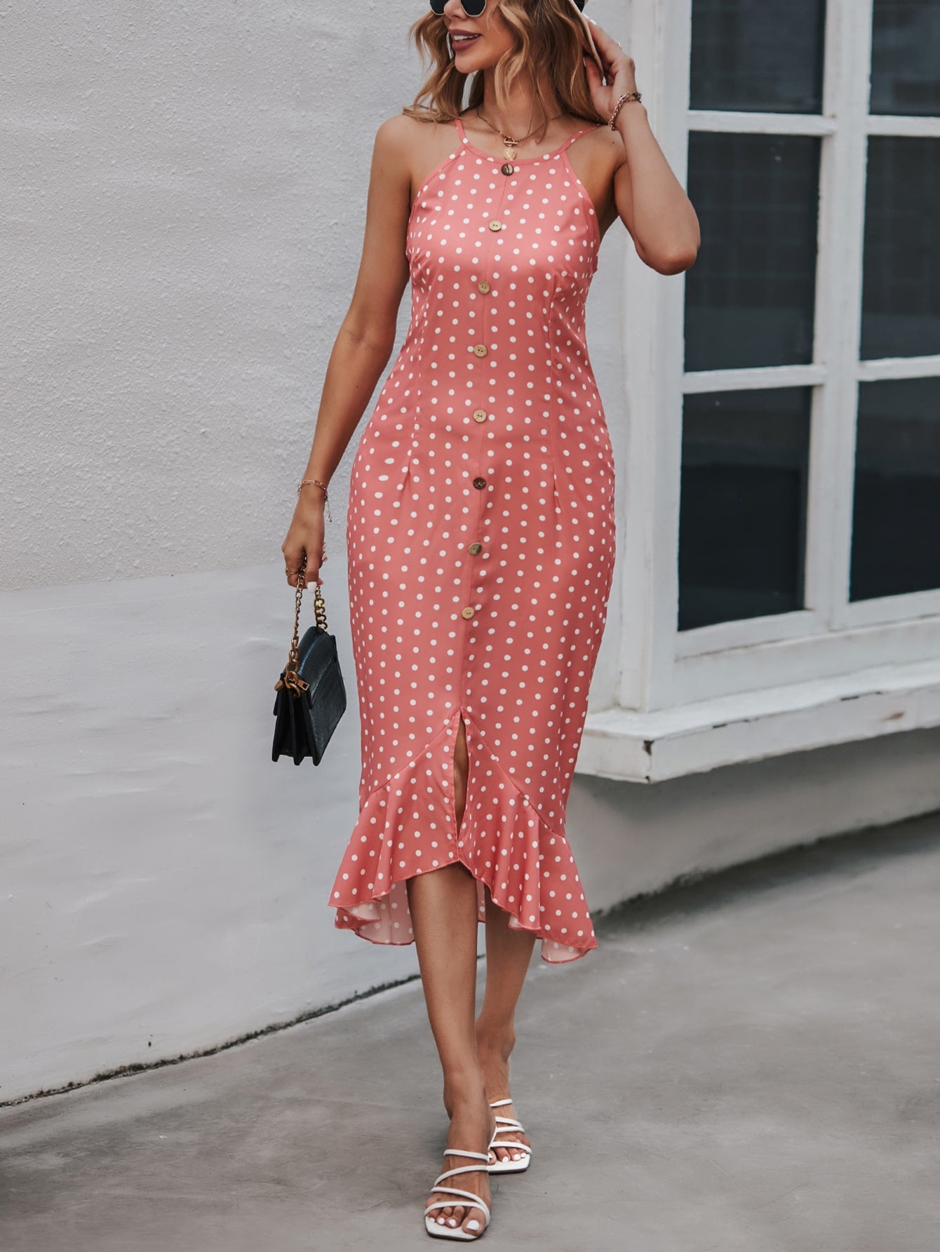 Women Summer Wave Dot Ruffled Slit Strap Dress