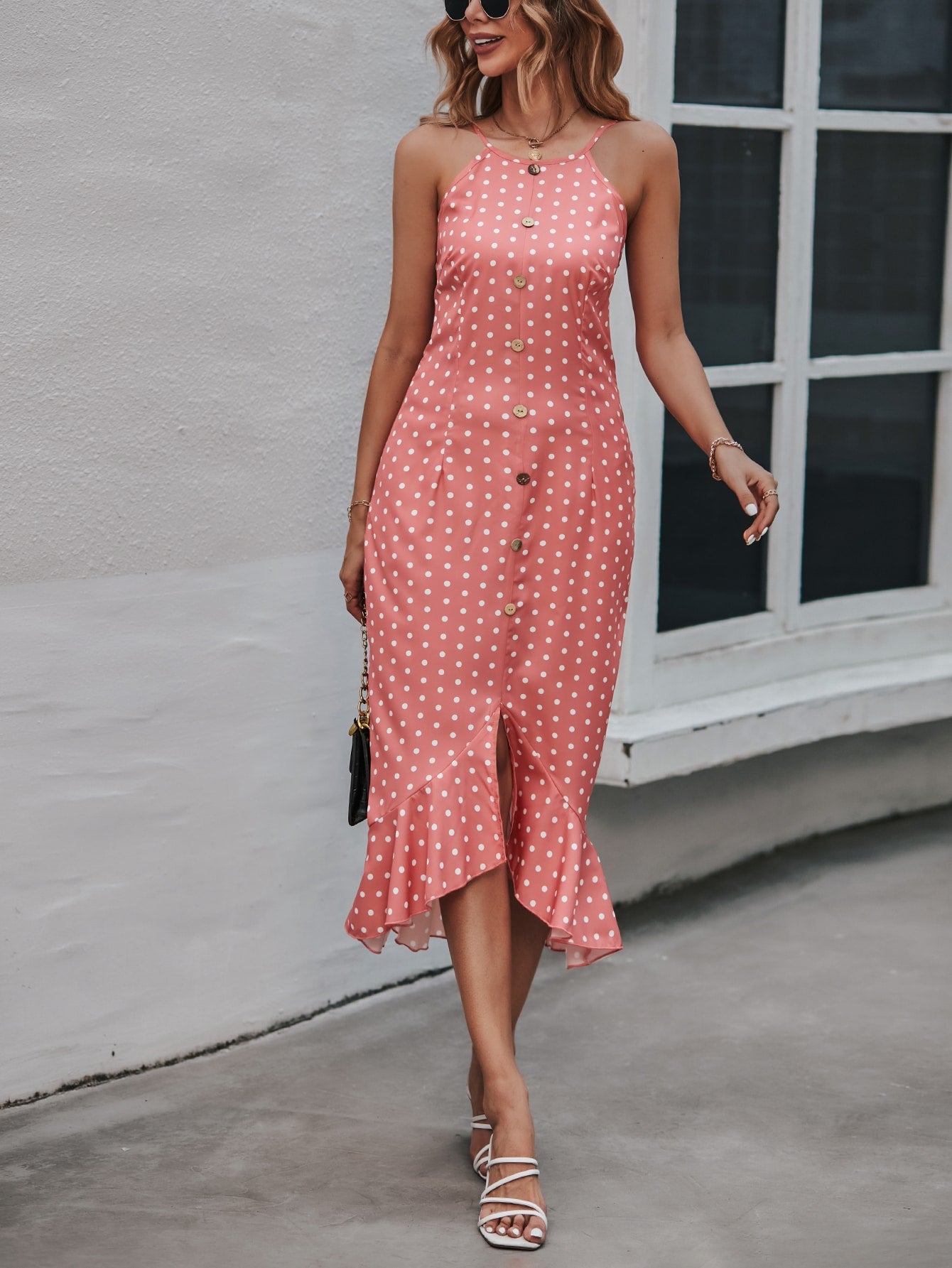 Women Summer Wave Dot Ruffled Slit Strap Dress