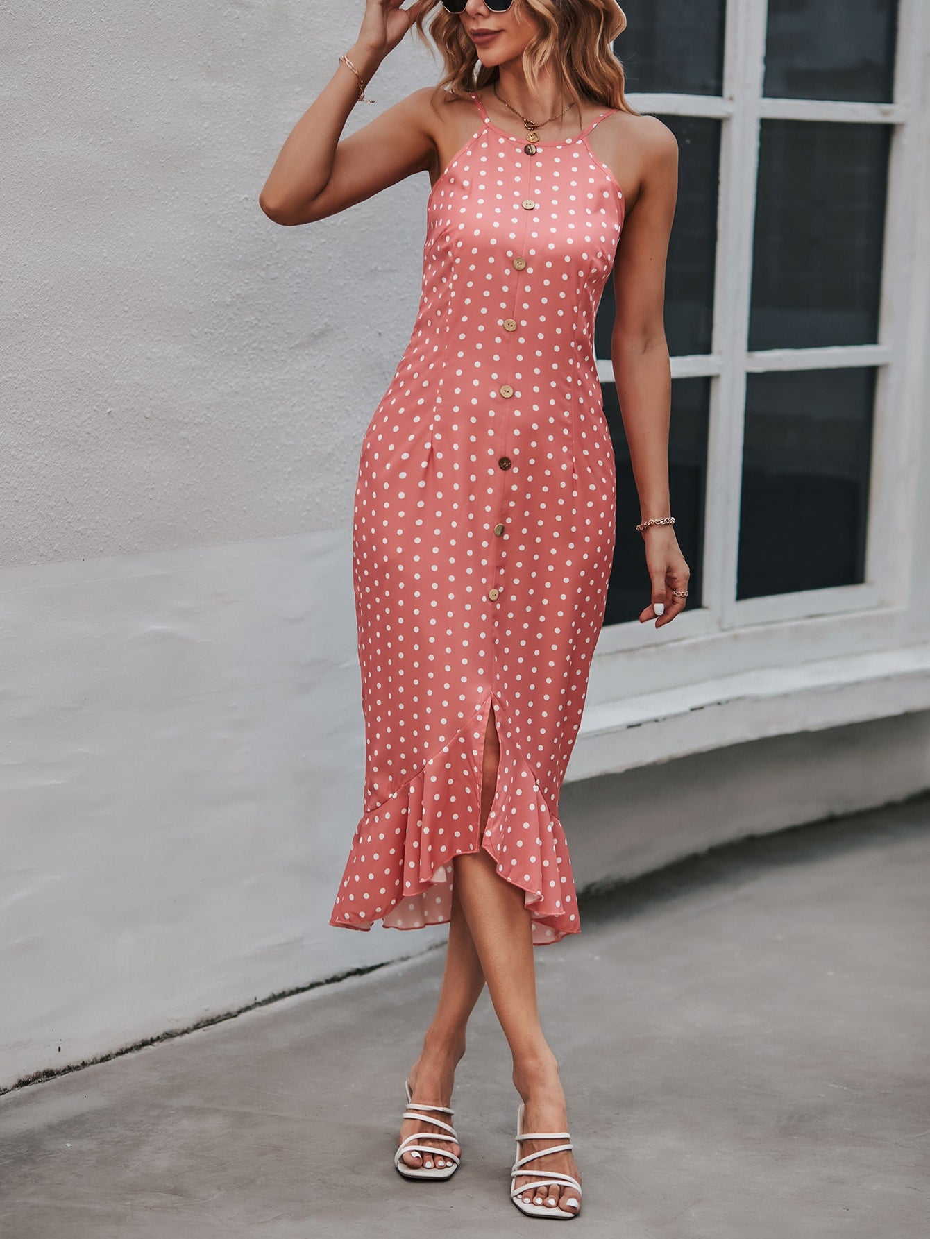 Women Summer Wave Dot Ruffled Slit Strap Dress