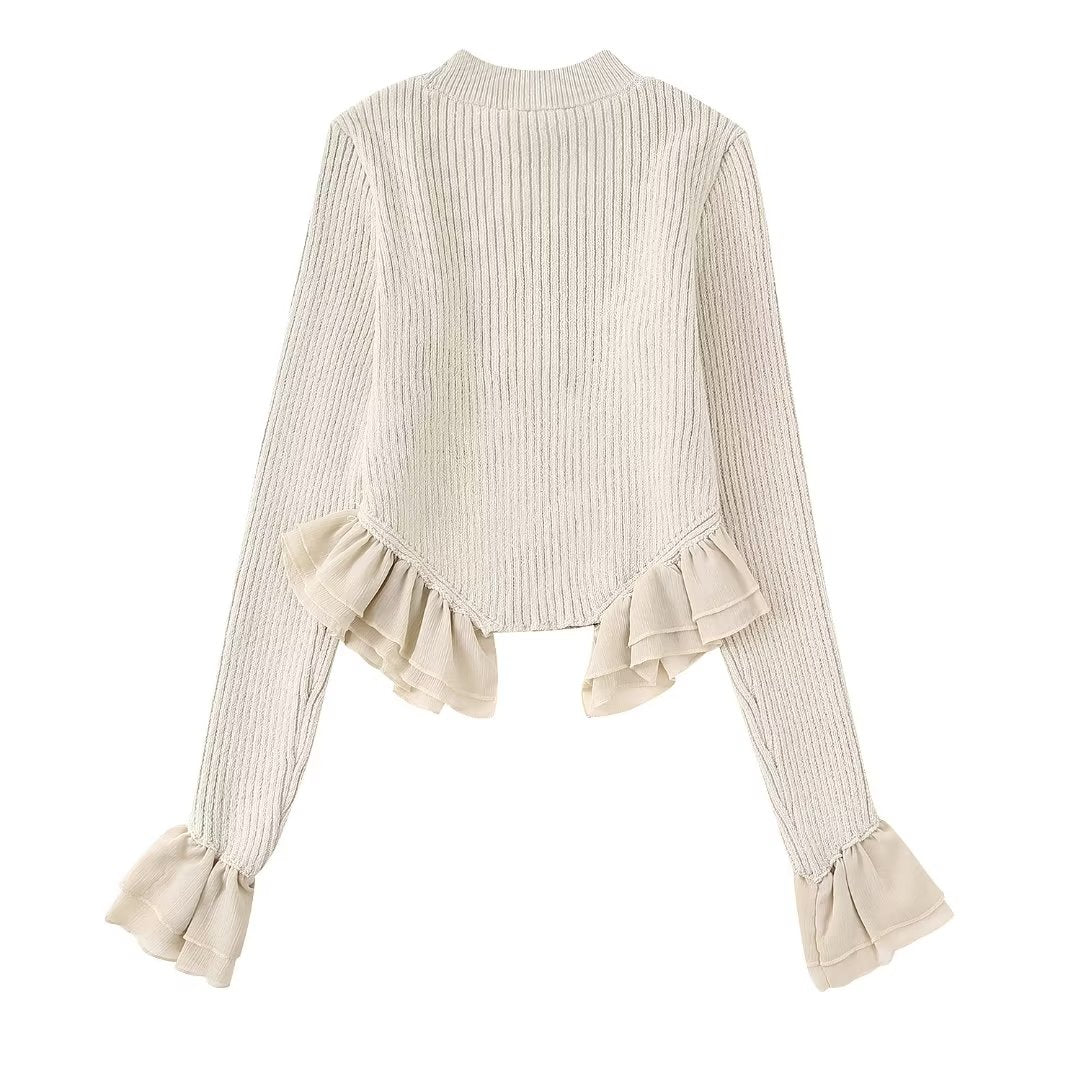 Spring Beige Round Neck Classic Ruffled Elegant Sweater Women