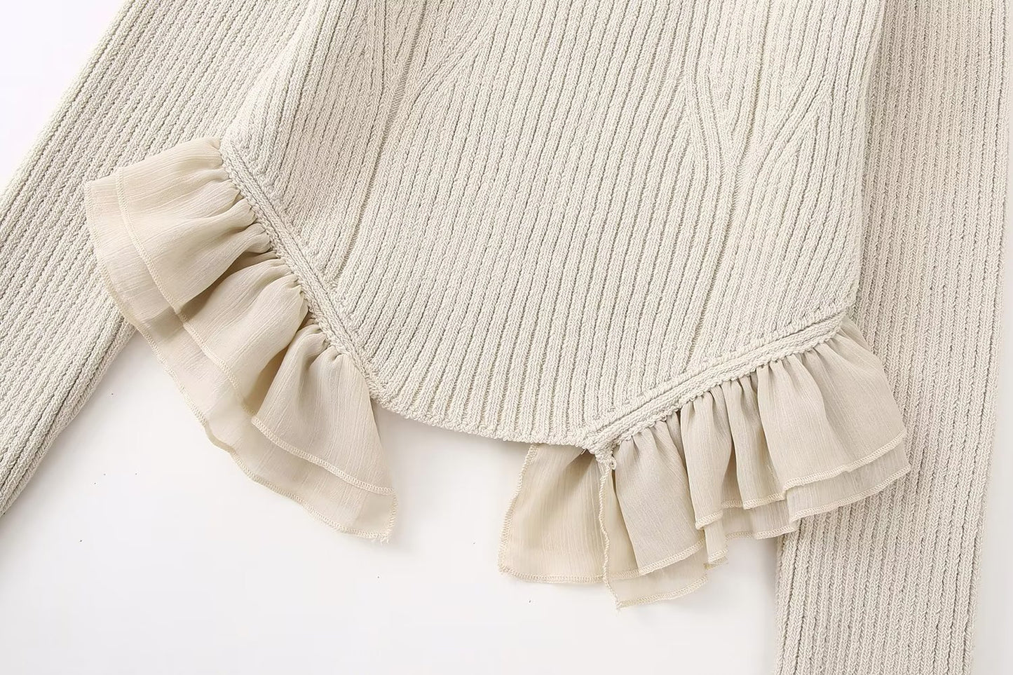 Spring Beige Round Neck Classic Ruffled Elegant Sweater Women