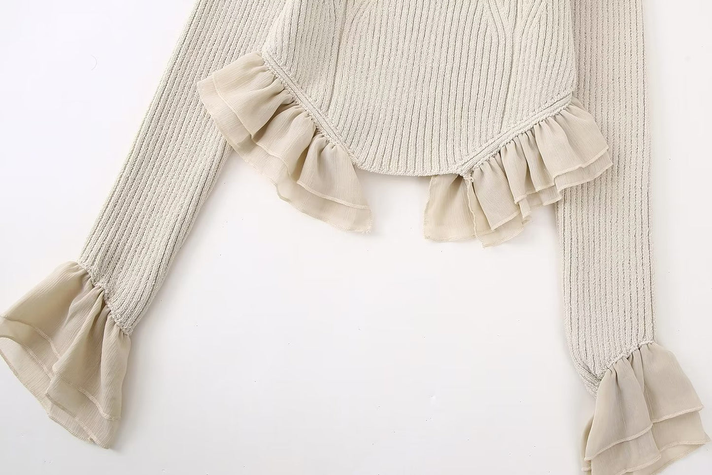 Spring Beige Round Neck Classic Ruffled Elegant Sweater Women