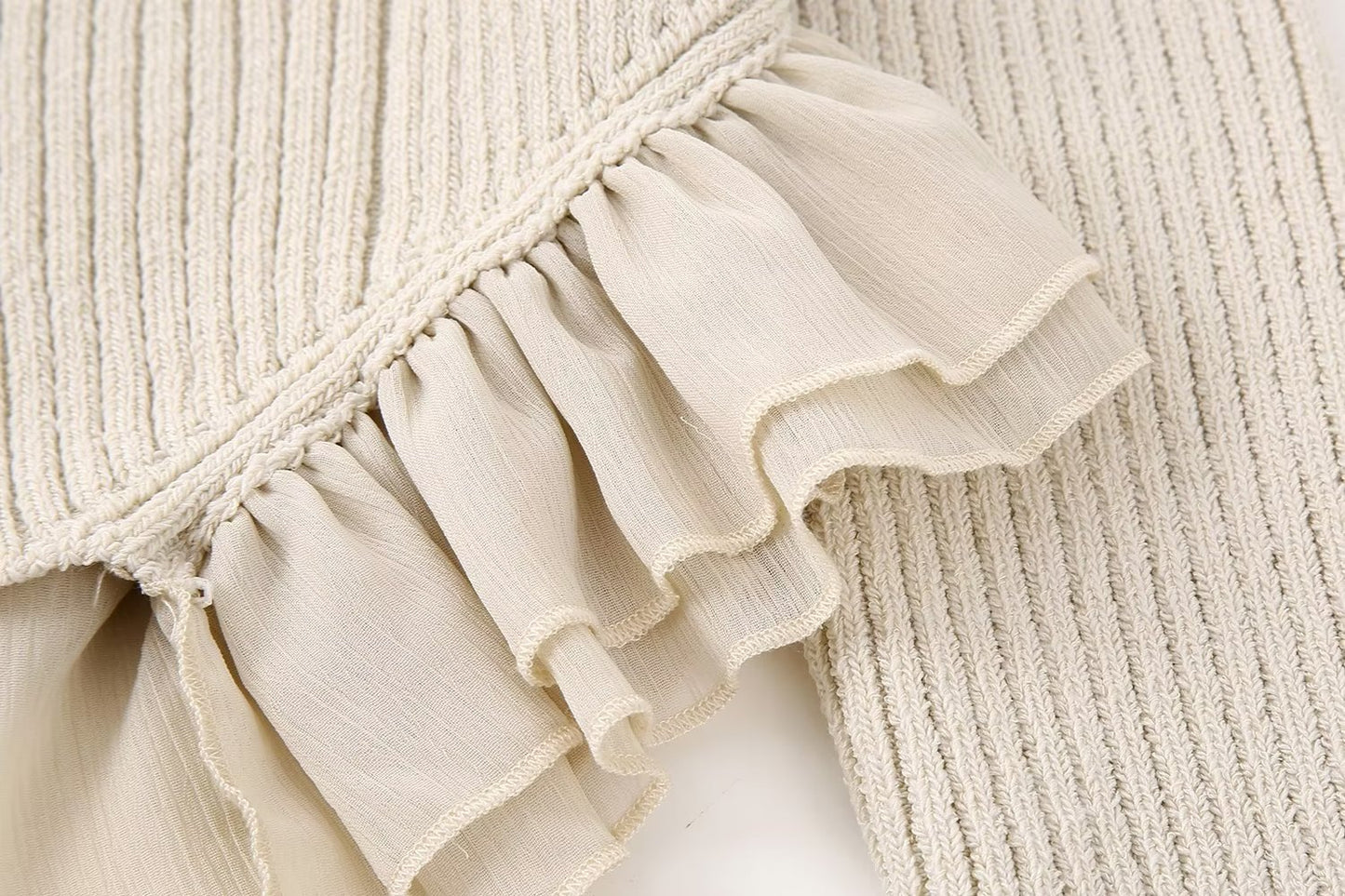 Spring Beige Round Neck Classic Ruffled Elegant Sweater Women