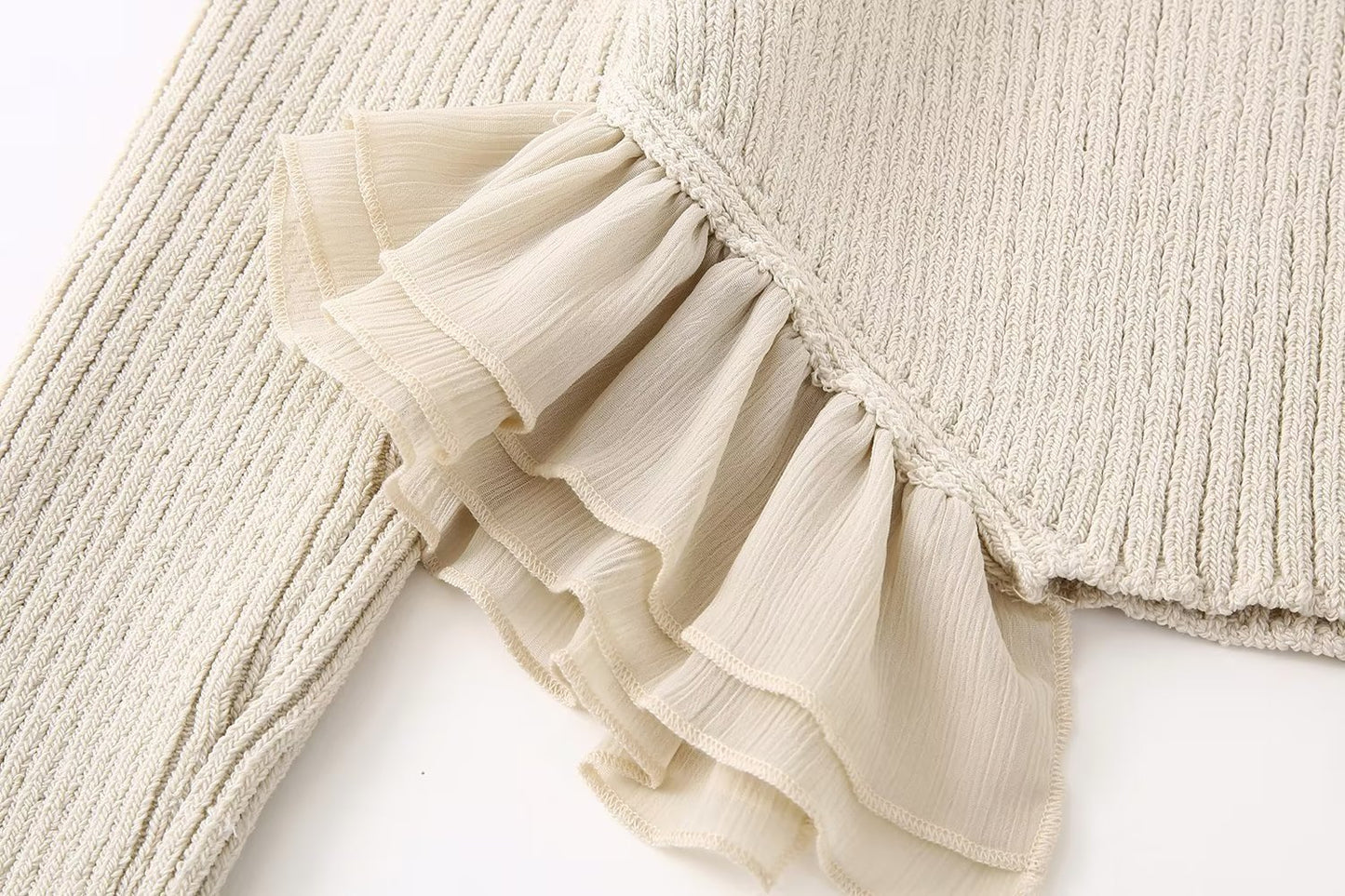 Spring Beige Round Neck Classic Ruffled Elegant Sweater Women