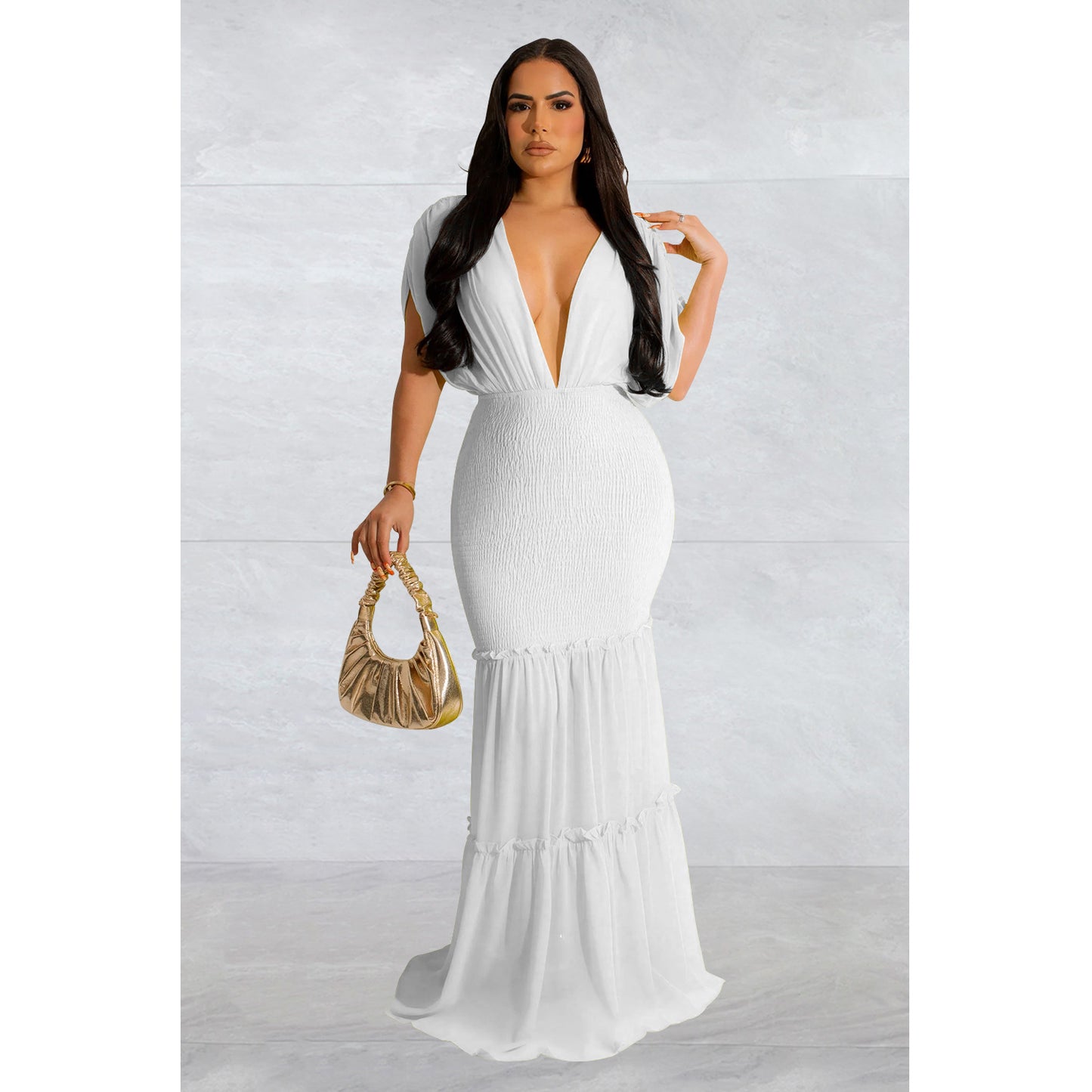 Women Wear Solid Color Pleated V neck Sleeveless Maxi Dress