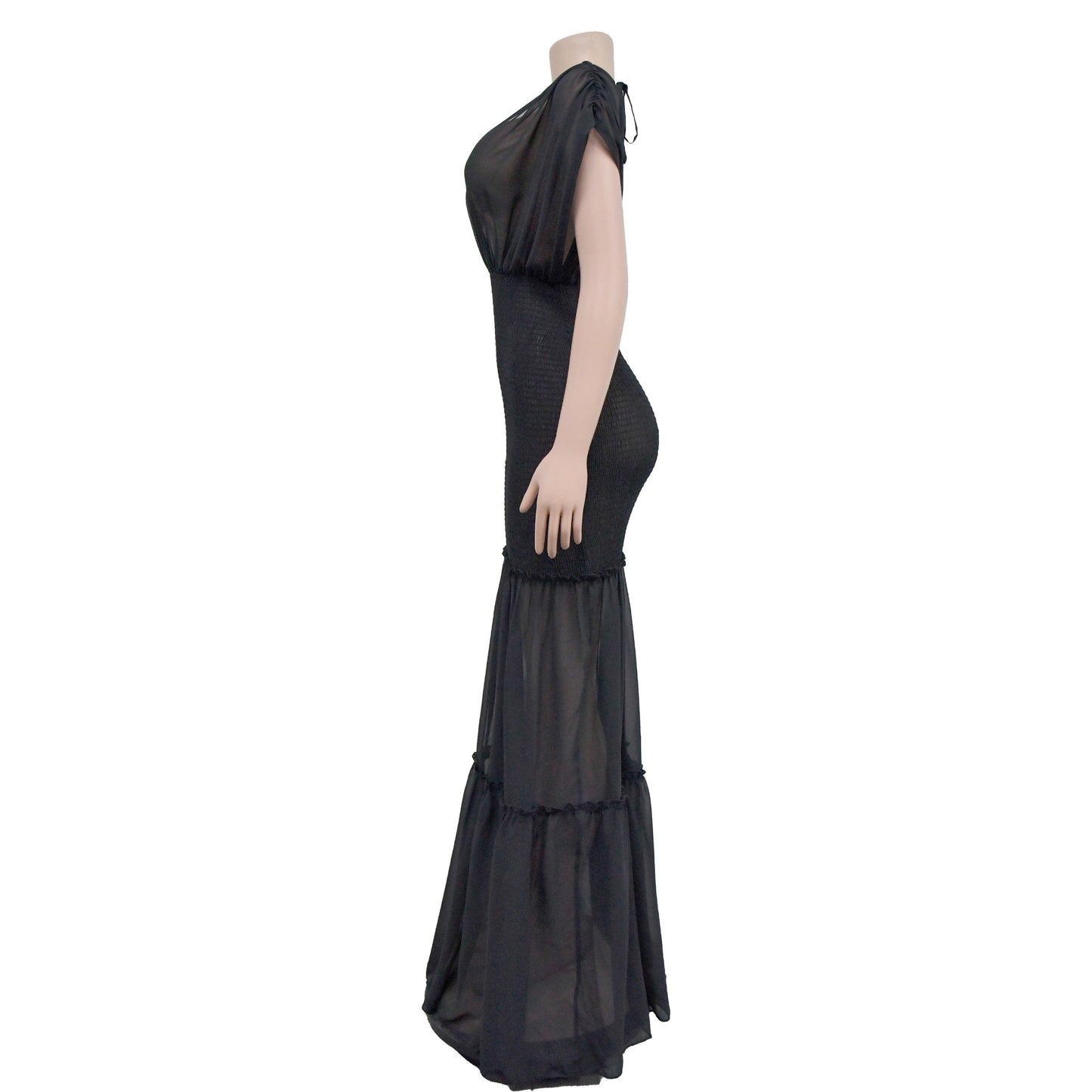 Women Wear Solid Color Pleated V neck Sleeveless Maxi Dress