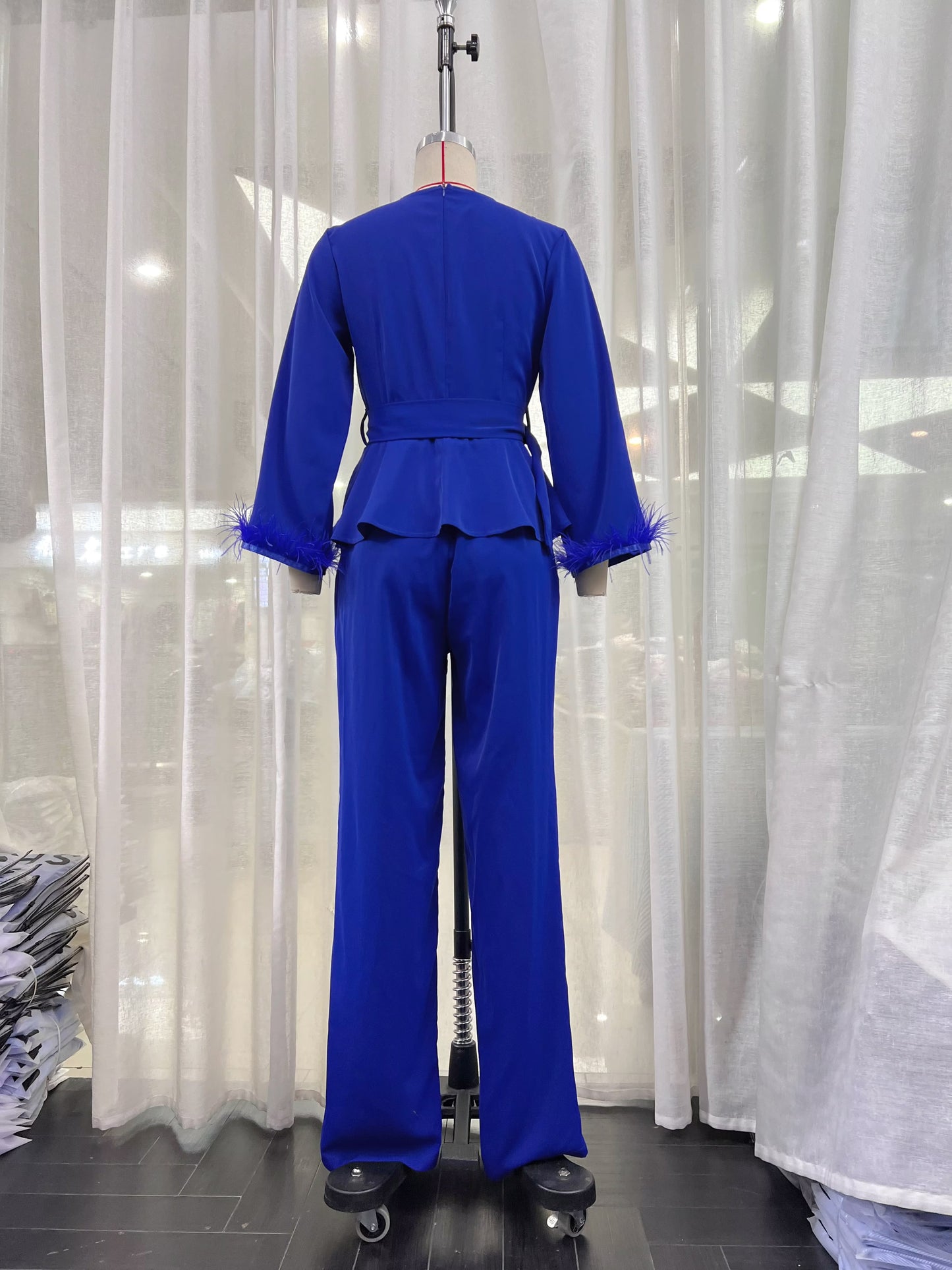 Women Loose Elegant V neck Long Sleeve Shirt High Waist Pocket Wide Leg Pants Two Piece Suit