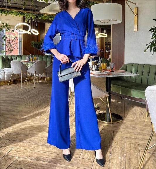 Women Loose Elegant V neck Long Sleeve Shirt High Waist Pocket Wide Leg Pants Two Piece Suit