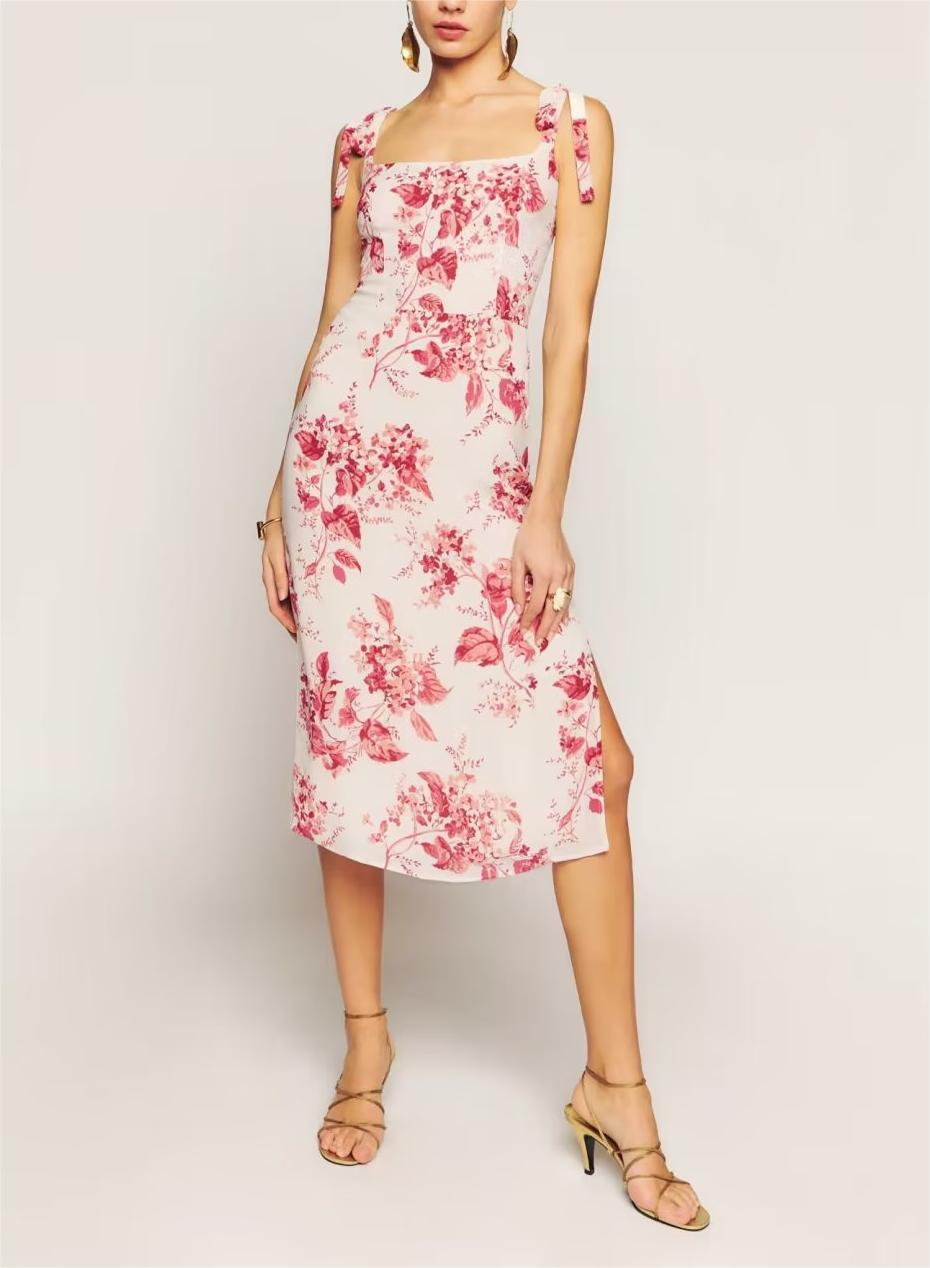 Summer Floral Print Slim Fit Slimming Sexy Side Split Lace up Cami Dress Midi Dress