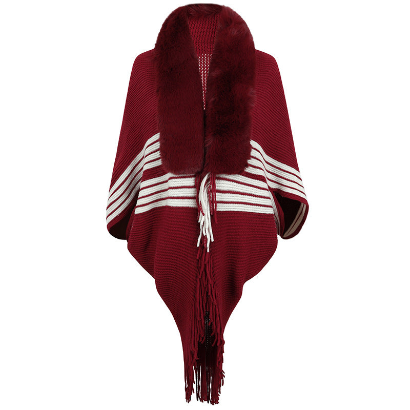 Tassel Cape Shawl Women Autumn Winter Knitted Striped Fur Collar Scarf