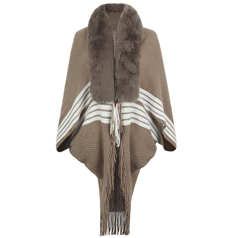 Tassel Cape Shawl Women Autumn Winter Knitted Striped Fur Collar Scarf