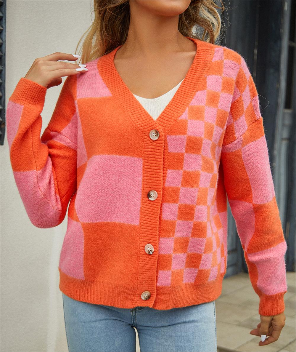 Autumn Winter Popular Women Knitwear Plaid Stitching Sweaters Coat