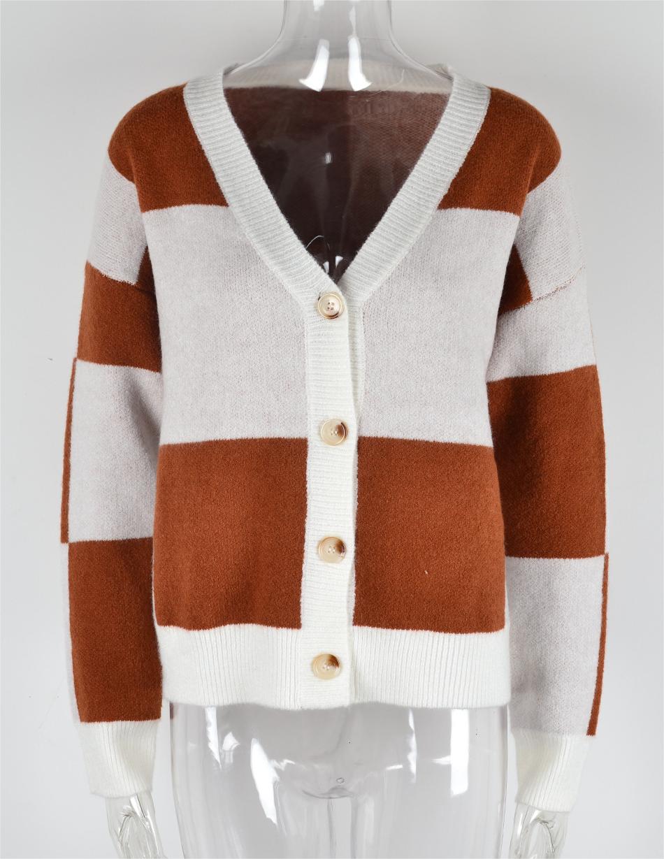 Autumn Winter Women Clothing Cardigan Sweater Plaid Stitching Knitwear Coat